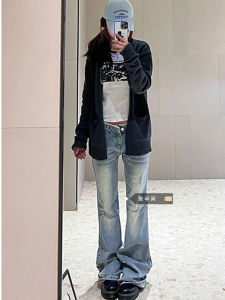 Light Blue Lace Splice Flared Jeans Women Summer New Low Waist Slim Straight Long Trousers Trendy Casual Washed Denim Jeans