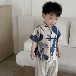 Boys Short Sleeve Shirt Summer New Chinese Style Childrens Fashionable Baby Shirt 2025 New Arrival Trendy Top for Kids