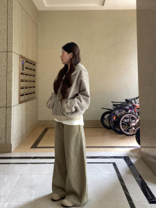 XIANGBAIWEI | Beige Striped Loose Hoodie Sweatshirt