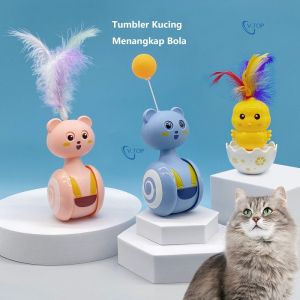 V.TOP Mainan Kucing Lucu Baru Bola Menyenangkan Tumbler Kucing Menangkap Bola Bulu Berwarna Tongkat Kucing Lucu