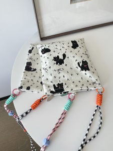 Cute Black Cat Color Block Adjustable Crossbody Phone Bag Canvas Material Casual Style Small Size Zipper Closure
