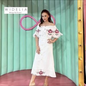 Off Shoulder Button Front Slit Embroidery Rose White Dress - PIMNADACLOSET