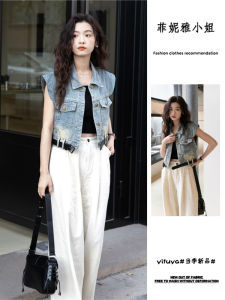 เสื้อกั๊กยีนส์สั้นแขนกุดสไตล์ย้อนยุคสำหรับผู้หญิงในช่วงฤดูร้อนปี 2025 ทรงหลวม สไตล์ลำลอง ปกโปโล กระดุมข้างเดียว