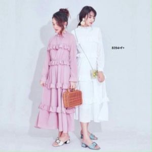 B8394 แม็กซี่เดรสแขนยาวระบายชั้น long sleeve floor length maxi dress