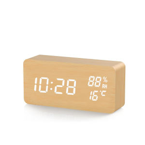 Wooden Digital Alarm Clock with Temperature Humidity LED Desk Clock for Office Bedroom Wooden Electric Clock Bedside Décor Gift