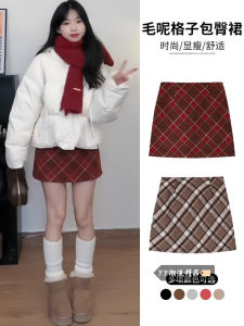 Red Plaid A-Line Mini Skirt Womens High Waist Winter Season Winter Checkered Woolen Short Skirts Commute Simple Style