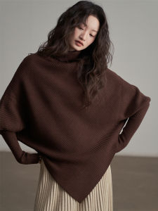Elegant Batwing Sleeve Asymmetrical Knitwear Womens Early Autumn Atmosphere Simple Outerwear Top High Collar Long Sleeve