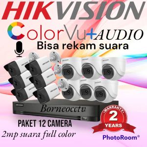 PAKET CCTV HIKVISION 16 CHANNEL 12 CAMERA 2MP AUDIO COLORVU BISA REKAM SUARA MALAM WARNA