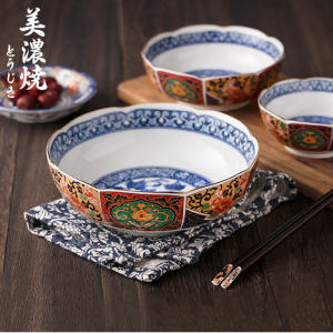 Mino-yaki Ceramic Rice Bowl Large Soup Bowl Colorful High-leg Noodle Bowl Traditional Japanese Style Dining Utensils for Home Use