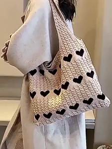 Love Heart Pattern Tote Bag Aesthetic Knitted Shoulder Bag Fashion Crochet Bag For Women Valentines Day Gift
