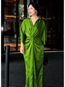 Elegant Green V-Neck Dress Womens Satin Autumn Winter High Waist A-Line Skirt Long Sleeve Casual High Quality Fashion Dress
