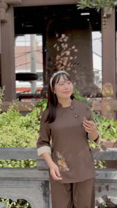 Pháp phục nữ đi lễ chùa xước hàn thêu sen bộ đồ lam đi chùa kiểu mới cho phật tử Thiên Di D17