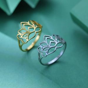 Hollow Lotus Womens Ring Stainless Steel Girls Retro Religious Buddhist Talisman Mothers Day Jewelry Gift