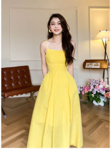 Chocolate Cat High Waist Sling Dress for Women in Yellow with Midi Length Sleeveless Pullover Style Best for Summer Size: One Size Fits Most