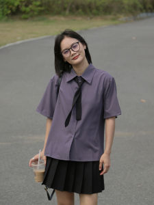 Bubu Greyish Purple Preppy Style Short Sleeve Niche Style Shirt Loose Versatile Casual Slim-Fit Thin Shirt Free Tie
