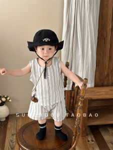Boys Summer Outfit 2025 New Style Baby Clothes Sleeveless Striped Vest Shorts Two-Piece Set Korean Fashion Cotton Polyester Blend