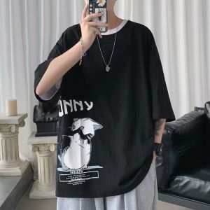 plus Size Mens T-Shirt Pure Cotton Loose Fit Short Sleeve Printed Casual Summer Top Youth Fashion Shoulder Width Loose Style