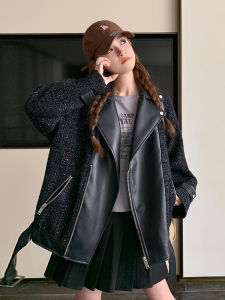 Black Leather Jacket Womens 2023 Autumn New American Retro Design Sense Splicing Motorcycle Leather Coat Street Style Zipper