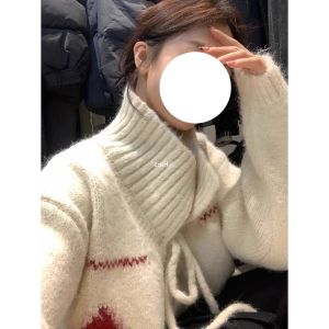Red Big Collar Knitted Sweater Coat Womens Autumn Winter Lazy Style Fair Isle Knit Cardigan Shawl Brand Oulire Commute Loose Fit