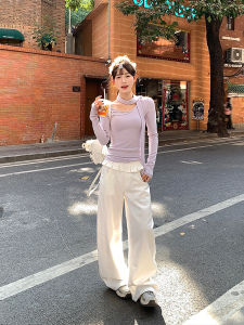High Waist Straight Leg Casual Pants Womens Small Lace Design White Wide Leg Floor Length Pants Spring New Style Loose Fit