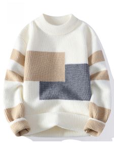 ROMON | Loose Fit Color Block Round Neck Knitwear For Men Winter Thermal Base Layer Sweater Fashionable Casual Polyester Blend Long Sleeve