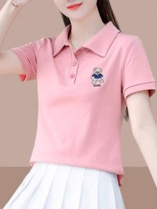 Pure Cotton Short Sleeve Polo Shirt Womens Summer New Style Small Size Short Length Belly Covering Top Daily Wear Casual