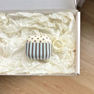 Retro Chic Brown Polka Dot Striped Patchwork Pattern Blue Protective Earphone Case with White Ring Suitable for AirPods 1 2 3 4