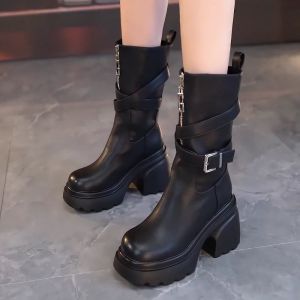 High Heel Martin Boots Womens British Style Thick Bottom Mid-Calf Boots Fashionable Autumn Winter New Arrival Leather Boots