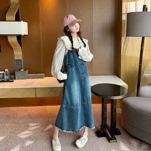 ชุดเดรสยีนส์ทรงหลวมเอวสูงสไตล์เกาหลีสำหรับผู้หญิง ฤดูใบไม้ผลิและฤดูใบไม้ร่วง 2025 ชุดเดรสยาวทรงเอสไตล์ฝรั่งเศสย้อนยุคสำหรับผู้หญิงไซส์เล็ก