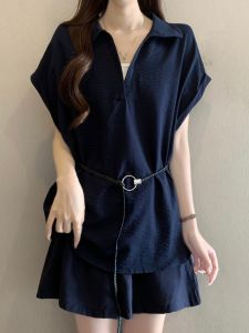 Bộ Áo Ngắn Tay và Quần Short Dây buộc eo Kẻ Giả hai mảnh Plus Size
