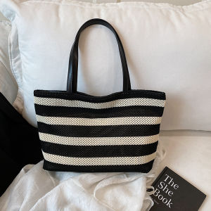 Fashionable Stripe Woven Tote Bag Womens Underarm Single Shoulder Beach Bag Versatile PU Leather Zipper Closure Handbag