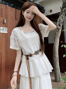 GUZILIAN | ชุดเดรสยาวแขนสั้นถักแบบหลวมๆ สำหรับผู้หญิงในช่วงฤดูร้อน ชุดสองชิ้น ทรงเอวสูง คอตั้ง แขนสั้น ทรงหลวม แขนกุด