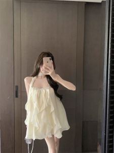 GUZILIAN | ชุดเดรสสายเดี่ยวสีน้ำเงินครึ่งตัวสไตล์ฝรั่งเศส ทรงหลวม แขนกุด กระโปรงสั้นทรงเอ สำหรับผู้หญิงในฤดูร้อน