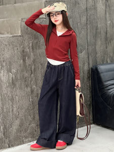 Girls Jeans Set Straight Leg Spring Summer Kids Clothing Elastic Waist Long Pants Children Top Outfit Korean Style Street Fashion