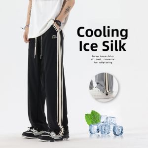 Ice Silk Straight Leg Casual Pants Mens Large Size Lightweight Breathable Summer New Style Cool Stripe Design Casual Trousers