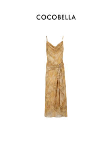 COCOBELLA | Đầm Chiffon Dây Đai Vàng Nổi Accent eo Xòe Dài Cho Mùa Hè
