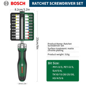 Bosch | BOSCH Ratchet Screwdriver SetAlloy Steel MaterialStrong Magnetic BitsNon-Slip HandleHand Tools for Industrial Repair.