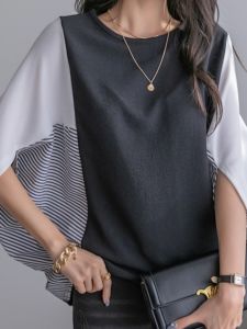 Loose Casual Striped Batwing Sleeve T-Shirt round Neck Splice Style Streetwear for plus Size Women Summer Fashion Top