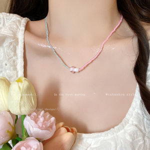 สร้อยคอผู้หญิงแบบยาวปานกลาง โซ่ไข่มุก ดีไซน์โดปามีน ลูกไม้ช็อคโกแลตแห้ง โซ่โซ่ หัวเข็มขัด โซ่ จี้ จี้ จี้