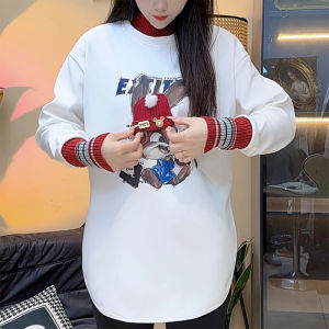 เสื้อยืดคอกลมแขนยาวผ้าขนแกะผสมคอตตอนผสมสำหรับผู้หญิง ทรงหลวม แขนยาว ปกติ แขนยาว ปกติ เสื้อเชิ้ตฤดูหนาว