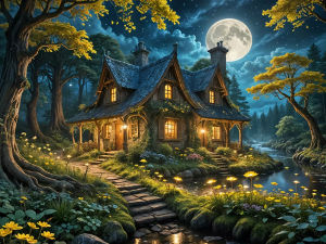 Jigsaw Puzzle Vibrant Calming Serene Beautiful Moon Forest House Landscape Art For Adults Great Relaxation And Family Fun Gift