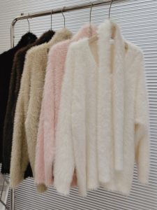Autumn Winter New Style Womens Lazy Knitted Sweater V-Neck Overhead Soft Faux Mink Velvet Pure Color Plush Thick Warm Long Sleeve