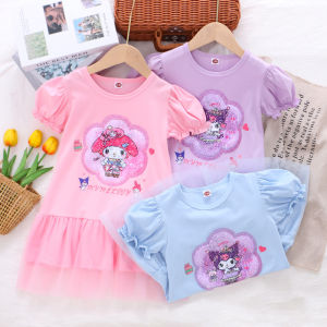 Girls Summer New Style Dress Mesh Skirt Bubble Sleeve Shiny Sequin Princess Dress Cotton Polyester Blend Medium High Waist