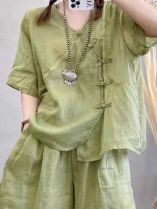 New Chinese Style Fashion Retro Artsy Cotton Linen Shorts Suit Womens National Style Buckle Linen Shirt Loose Pants Two-piece Set