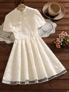 New Chinese Style Princess Dress Beautiful Summer Flag Robe Dress A-Line Skirt Short Sleeve Zipper Closure Pure Color