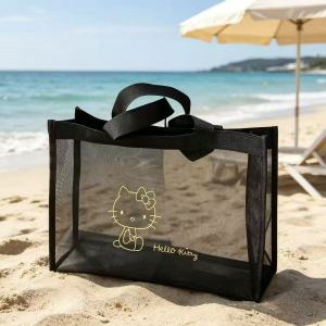 Sanrio | Cute Hello Kitty mesh makeup bag transparent flocked cosmetic organizer portable travel toiletry bag.