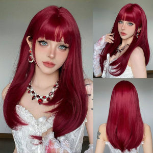 Wine Red Silky Long Straight Wigs Cosplay Synthetic Wig with Bangs Halloween Party Hair Wig for Women Heat Resistant Fibers