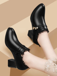รองเท้าบูทส้นสูงหนังแท้แบบสวมหัวมน ทรงหัวมน หัวเข็มขัด กันน้ำ ยาง รองเท้าผู้หญิง สไตล์อังกฤษ ฤดูใบไม้ผลิและฤดูใบไม้ร่วง