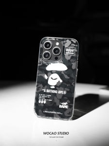 Black Camouflage Monkey 13 Phone Case New 14Promax Large Hole Full Edge Anti-Fall Shell Mens IP Trendy 12 Apple iPhone 15 Phone Case Straight Edge Square Personality Women