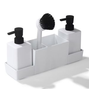 Kitchen soap dispenser with sponge holder and dishwashing brush for hand washing and dishwashing bottle with tray